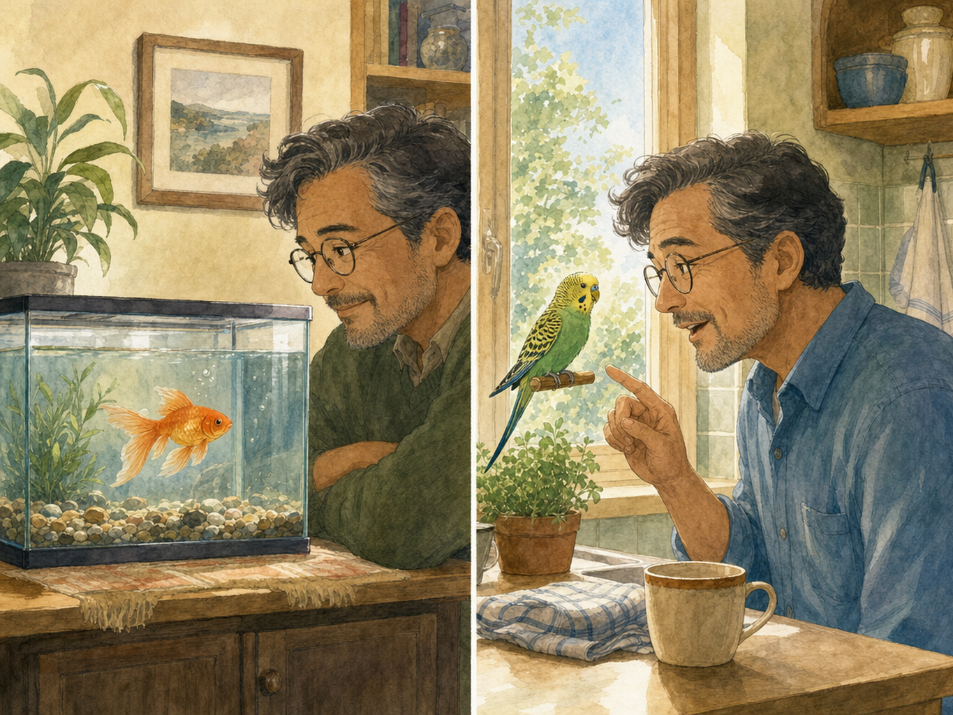 On one side an adult watches an orange goldfish in a clear tank; on the other the same adult talks gently to a green and yellow budgie in a kitchen.