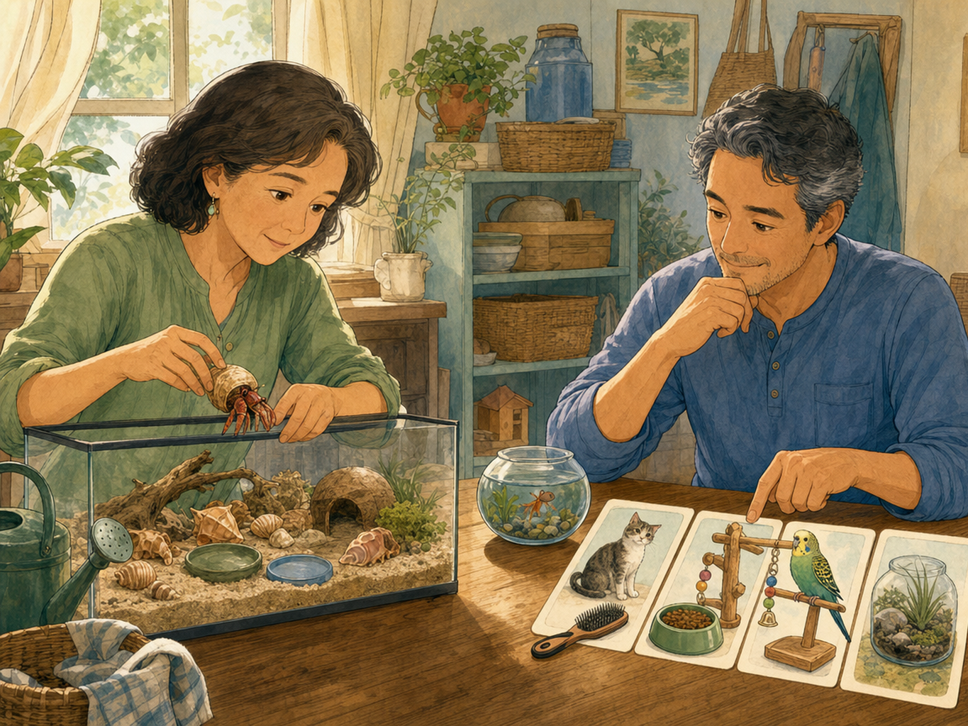 An adult holds a hermit crab over a sandy shell tank while another adult compares pet-care picture cards beside a small goldfish bowl.