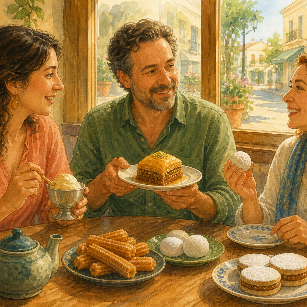 Three adults at a sunlit cafe table share gelato, baklava, churros, and sandwich cookies.
