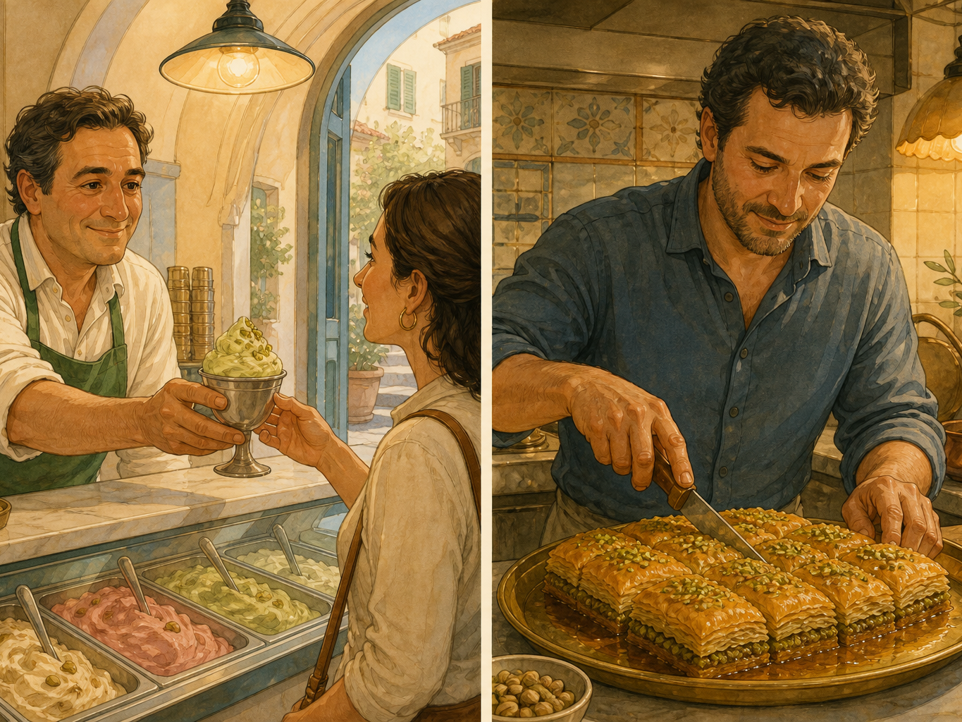 On one side an adult serves a metal cup of gelato; on the other an adult cuts a tray of layered baklava.
