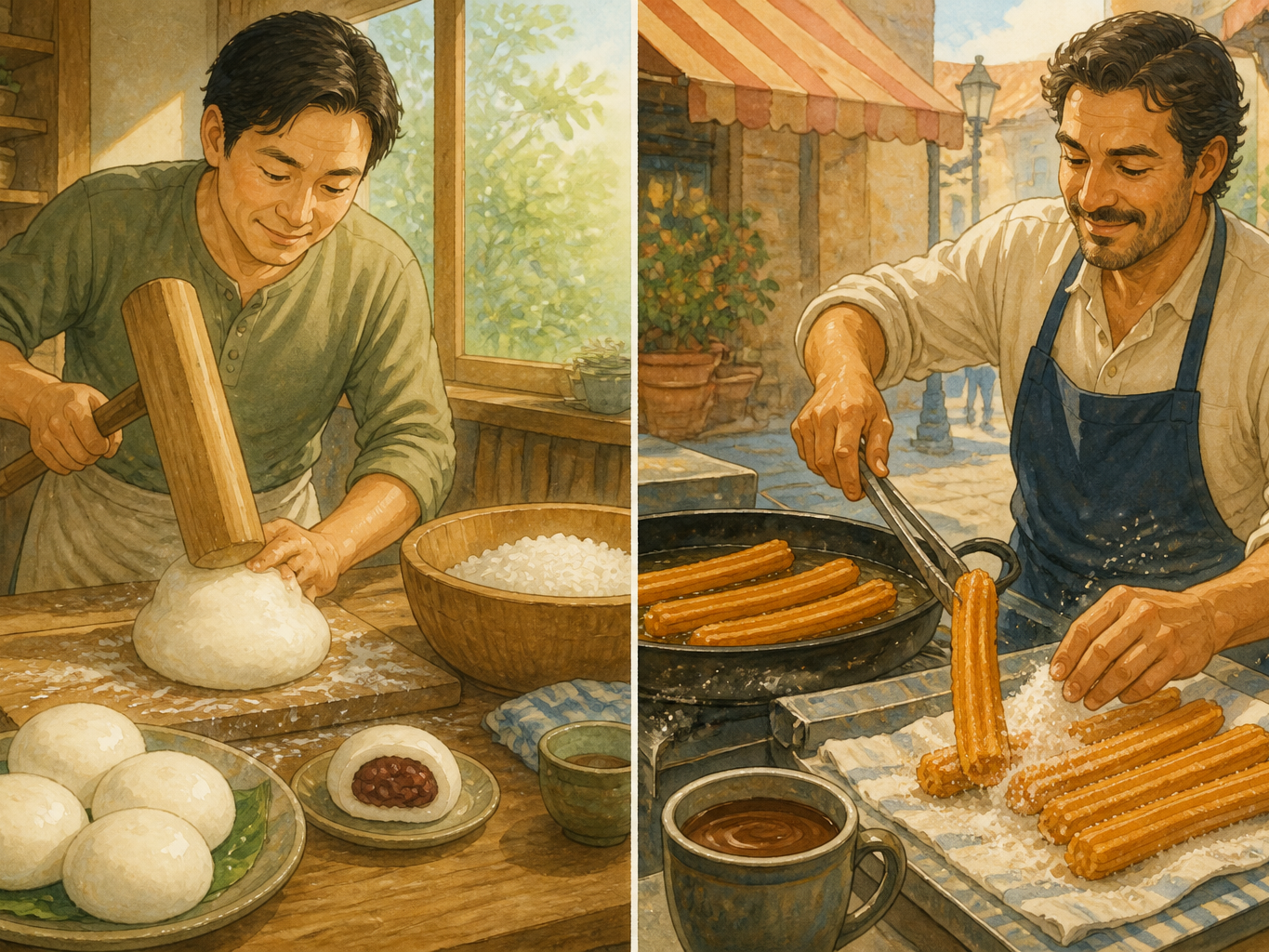 On one side an adult pounds soft white mochi; on the other an adult fries golden churros and rolls them in sugar.