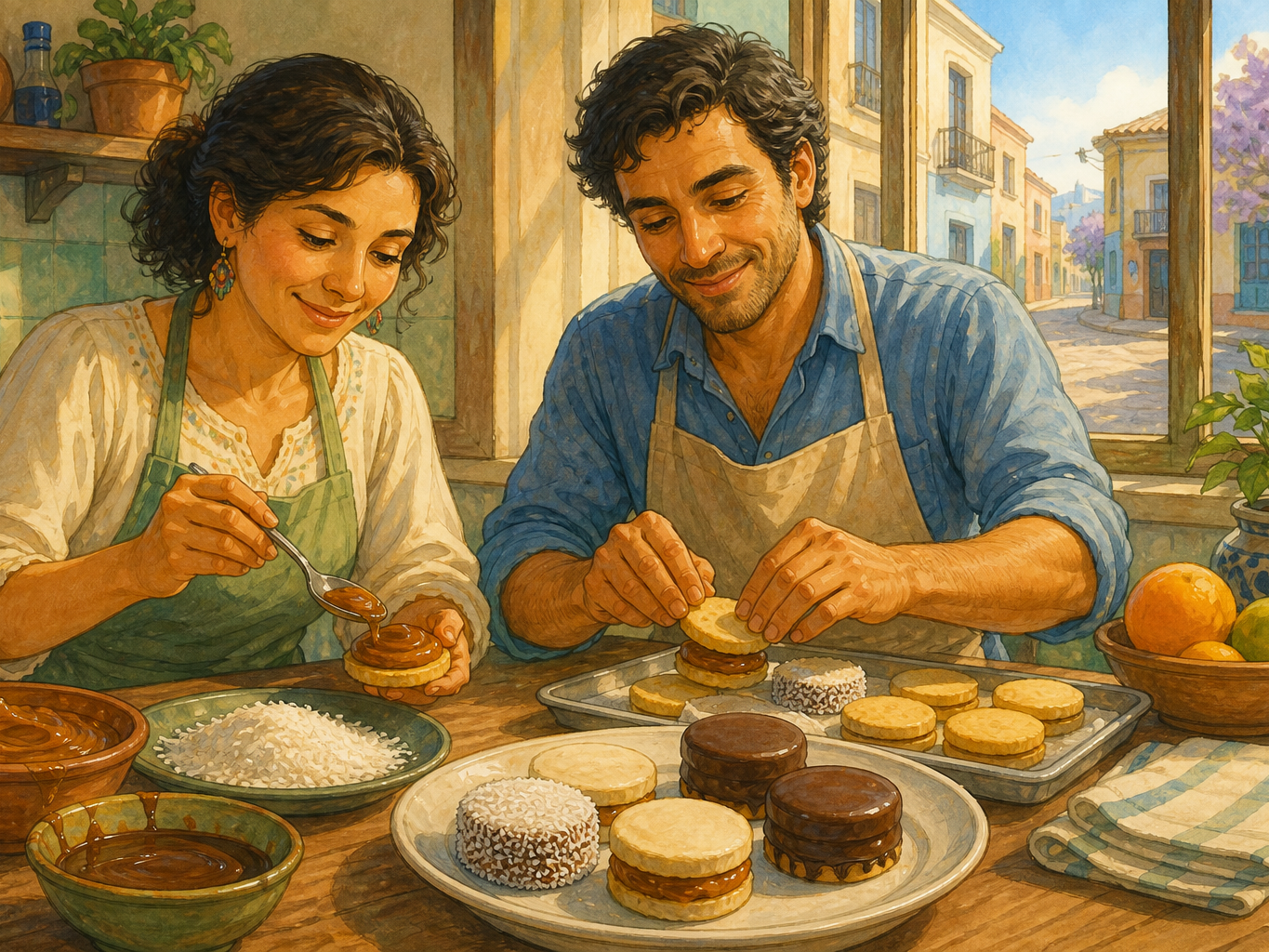 Two adults at a kitchen table make sandwich cookies with a thick milk caramel filling.
