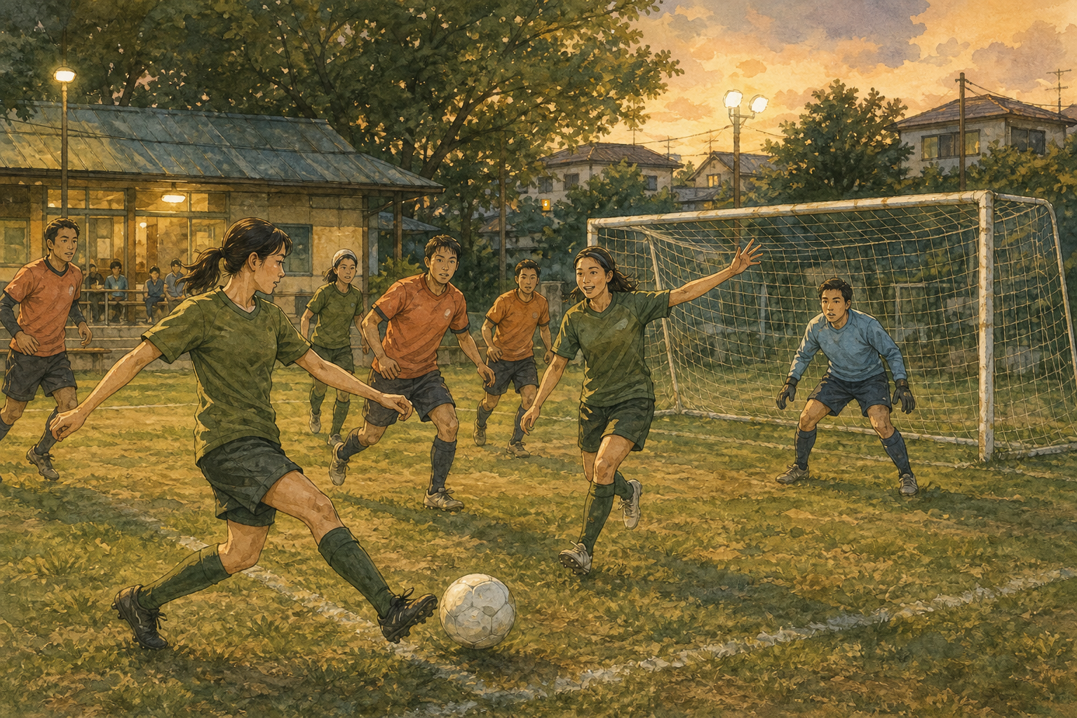 Adult players contest a soccer ball near a goal on a neighborhood pitch at sunset.