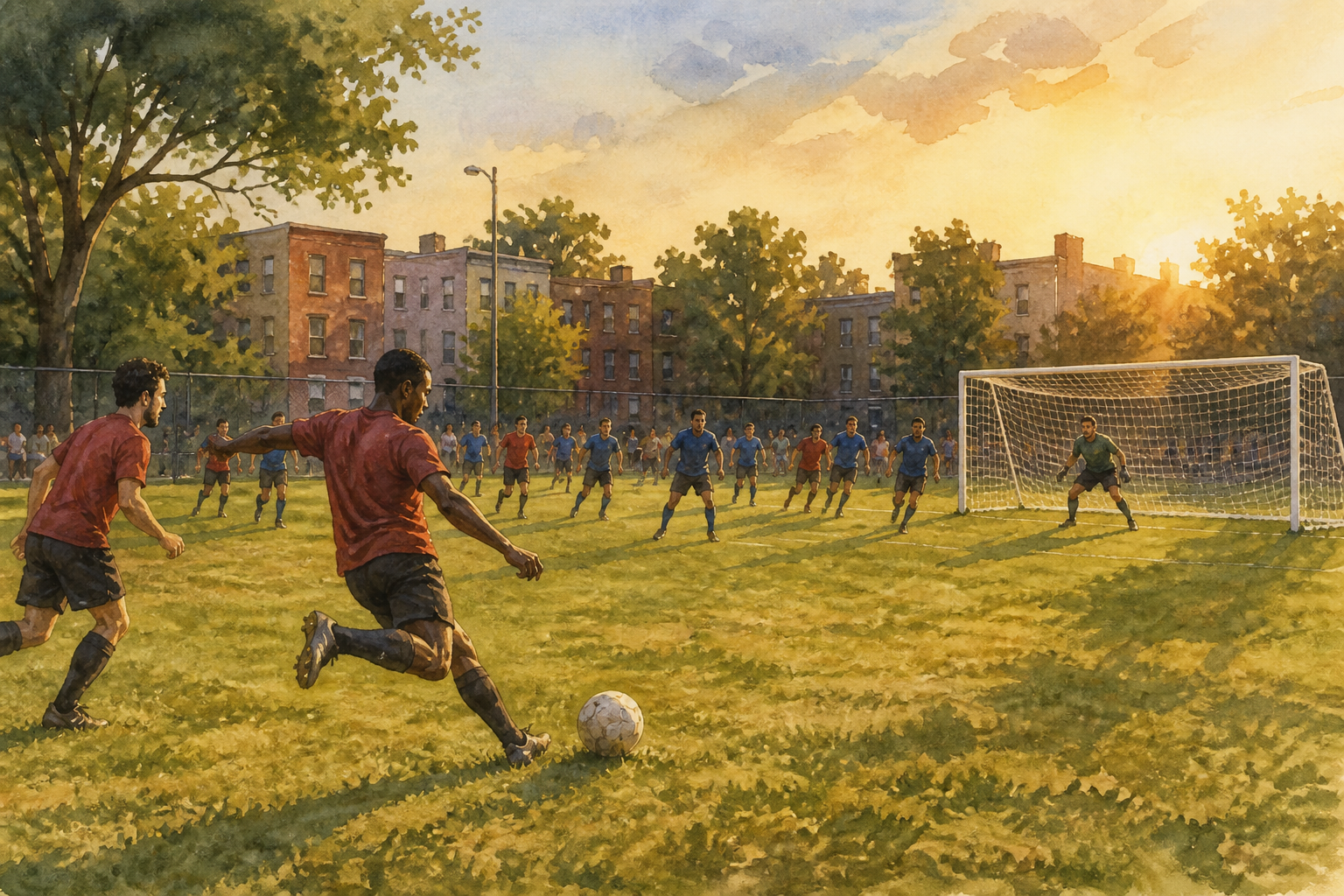 A player kicks the ball toward a large goal net while teammates support the attack.