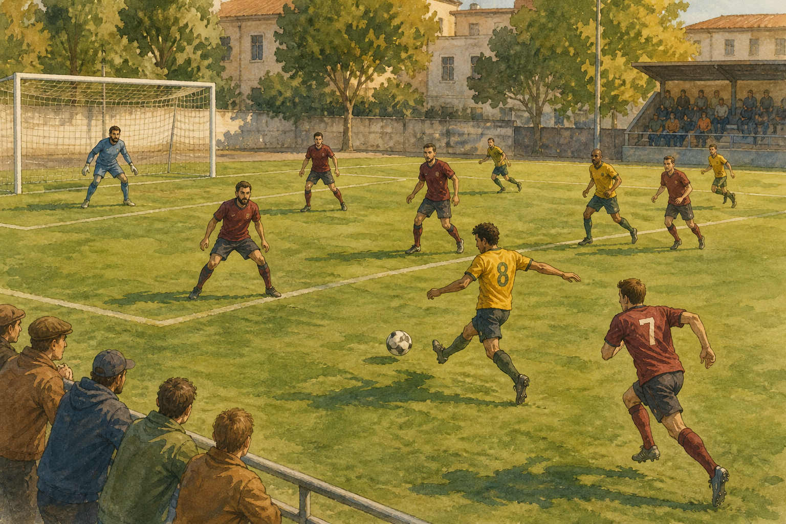A goalkeeper, defenders, midfielder, and forward show their different jobs on a real pitch.