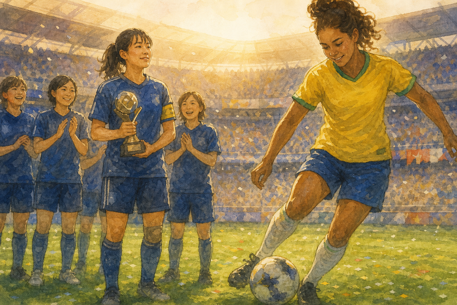 Original women footballers celebrate on a sunlit pitch, one lifting a trophy and one keeping close control of the ball.