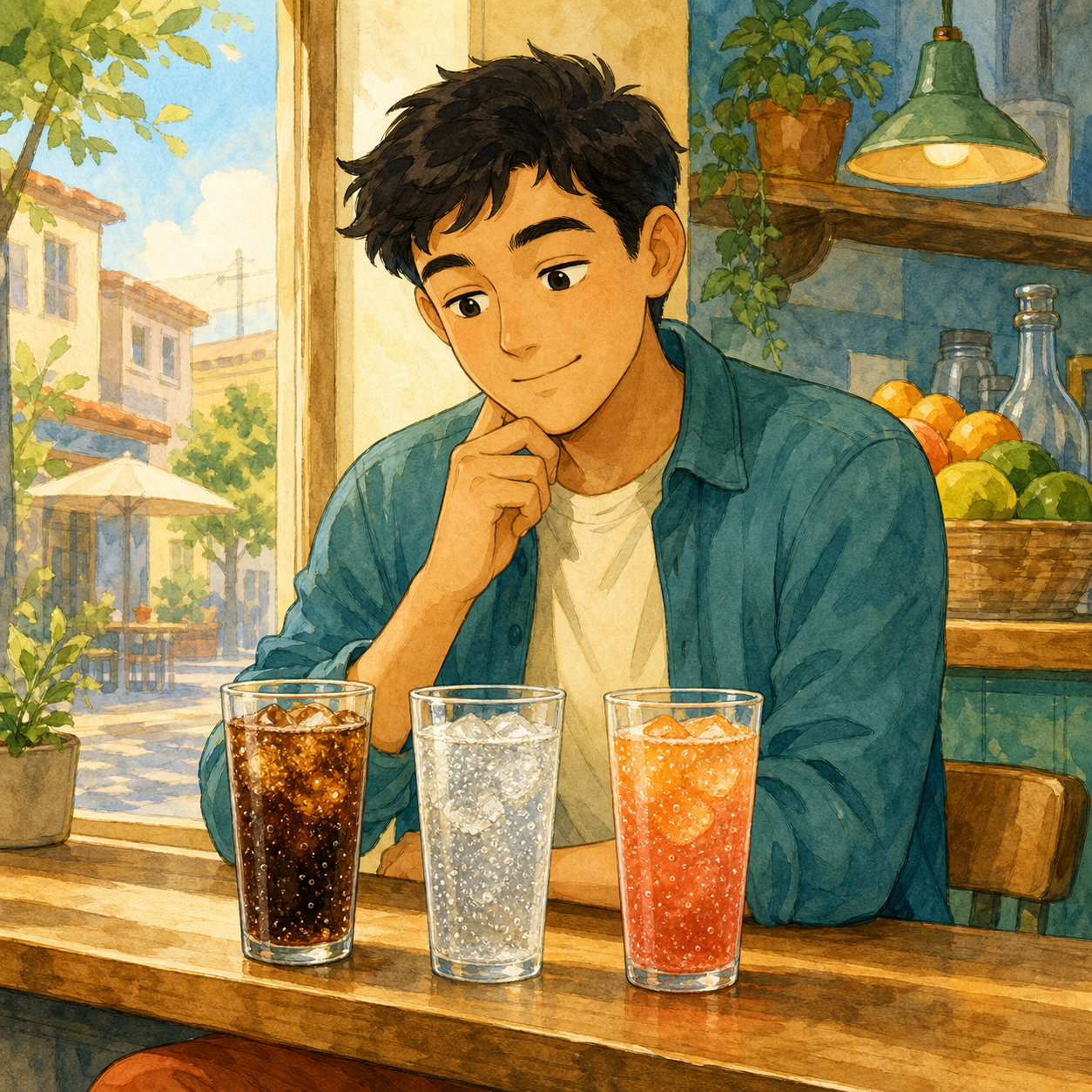 A young adult considers three colorful unbranded fizzy drinks at a neighborhood cafe.
