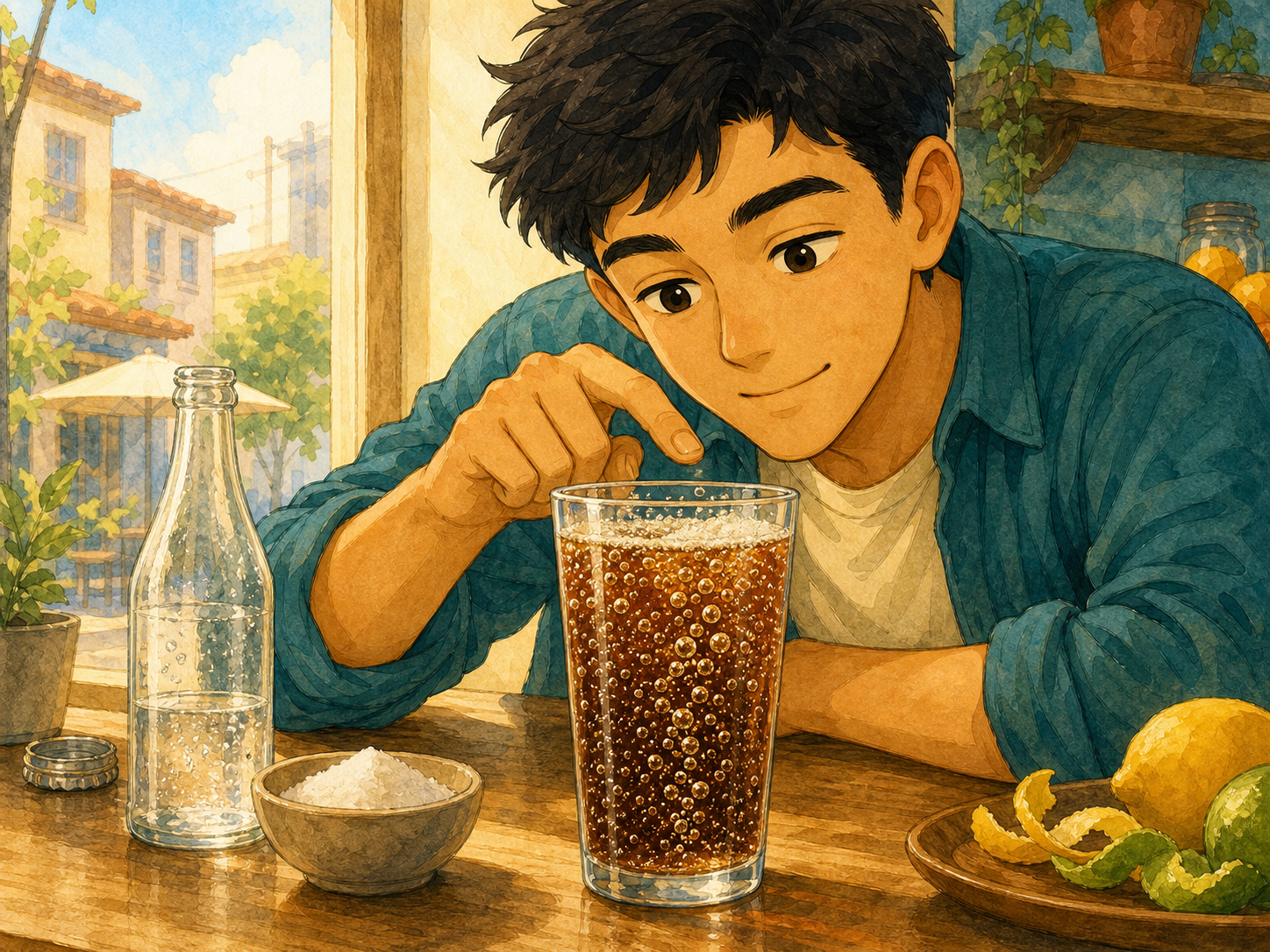 A young adult watches bubbles rise through a glass of fizzy drink beside water, sugar, and fruit peel.