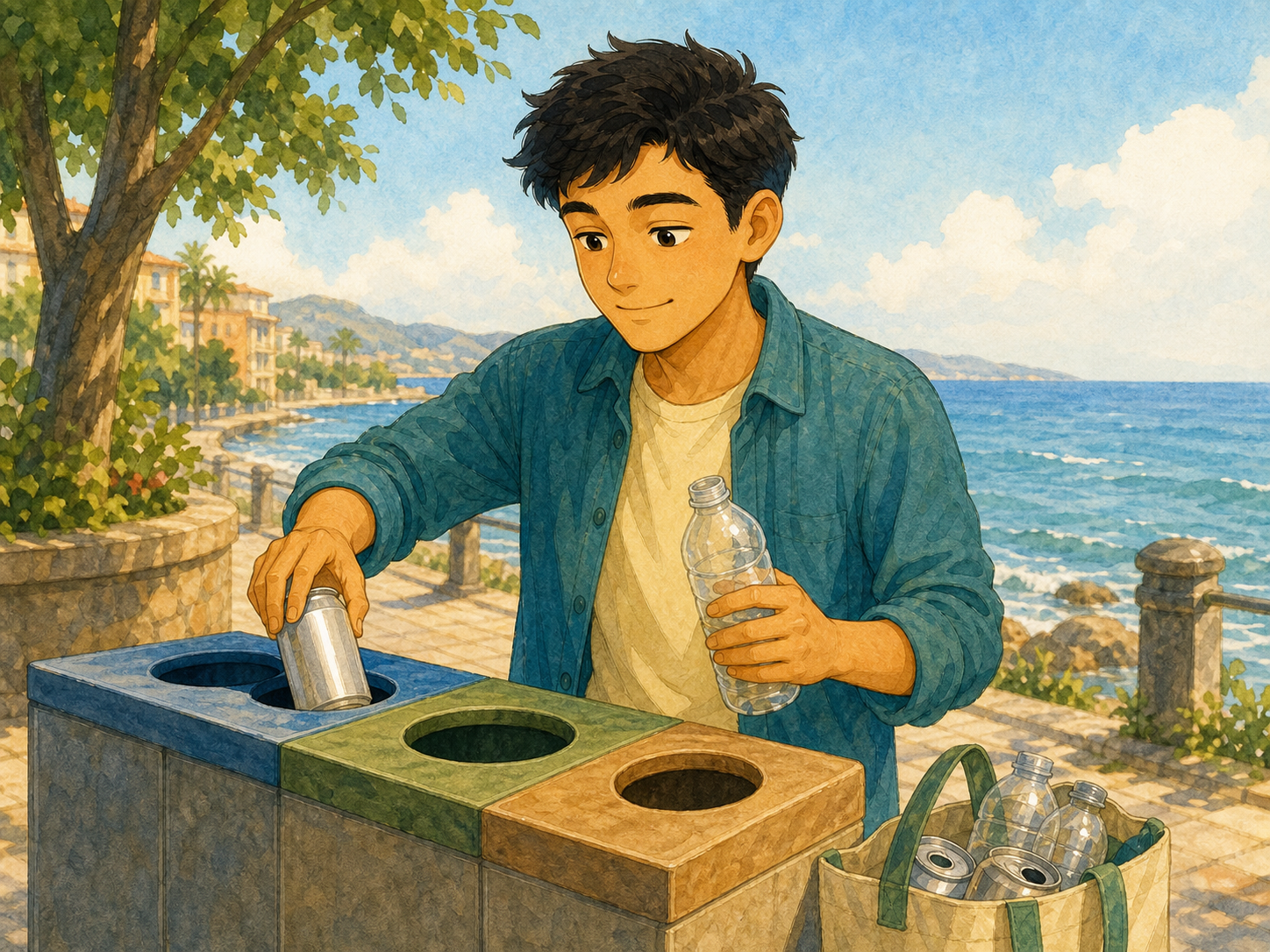 A young adult recycles a plain can while holding a plastic bottle beside the ocean.