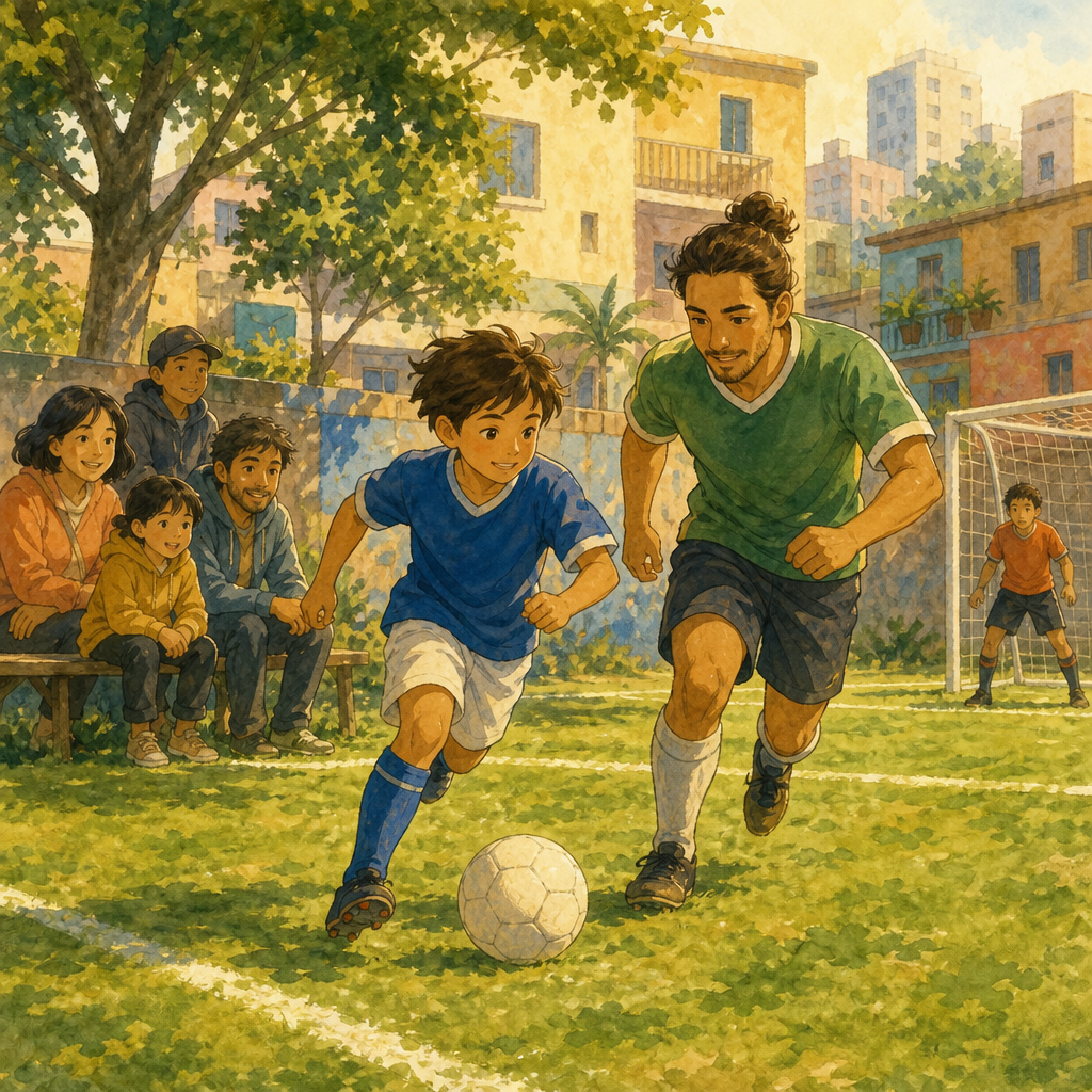 A child and an adult play football on a neighborhood pitch while families watch from a bench.