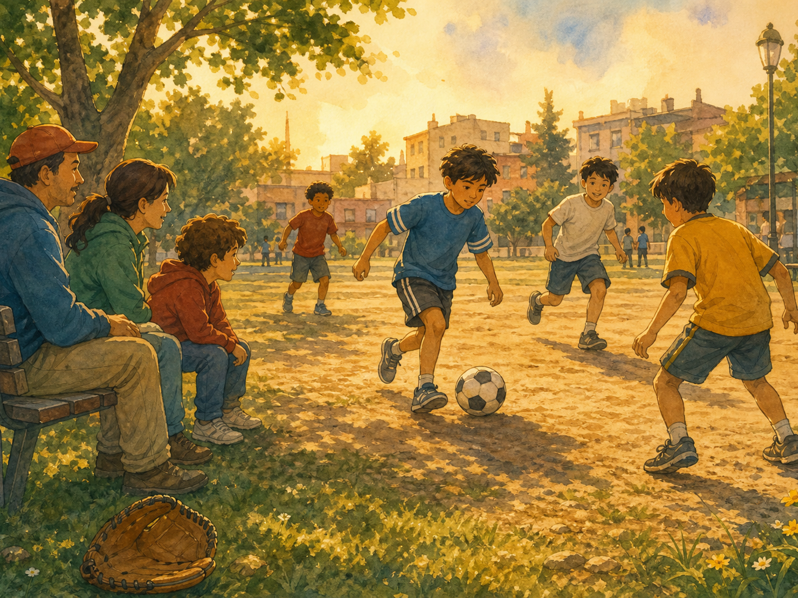 Children play street football in a park while adults watch from a bench, with a baseball glove in the grass.