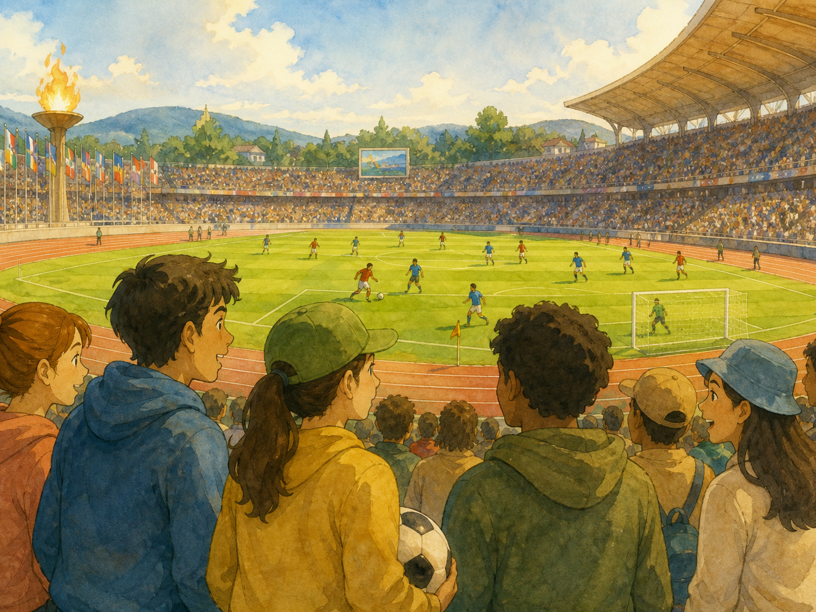 Young spectators watch a football match in a large stadium with a running track around the pitch.