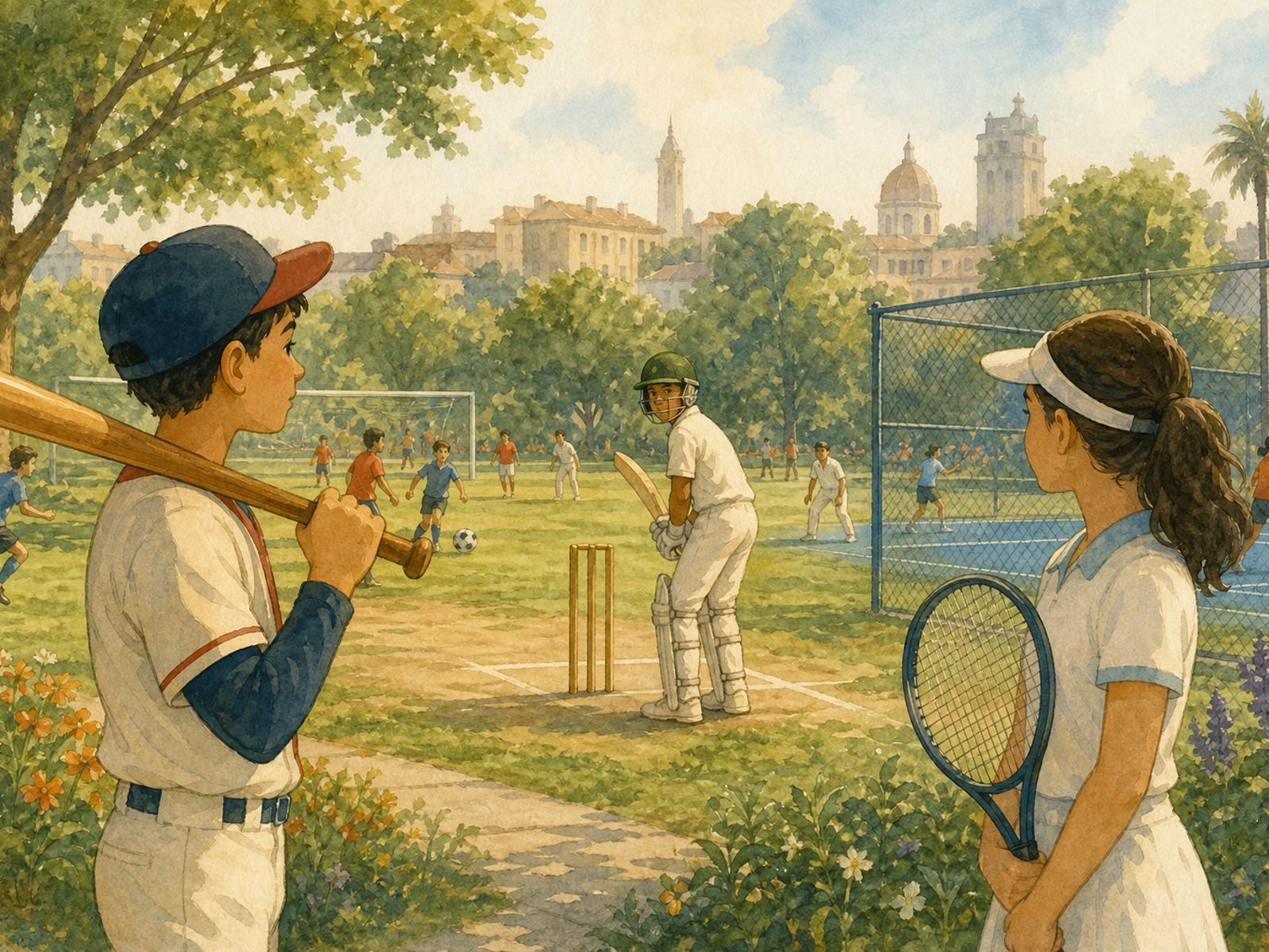 A baseball batter, a cricket batter, and a tennis player share one sunny community sports ground.