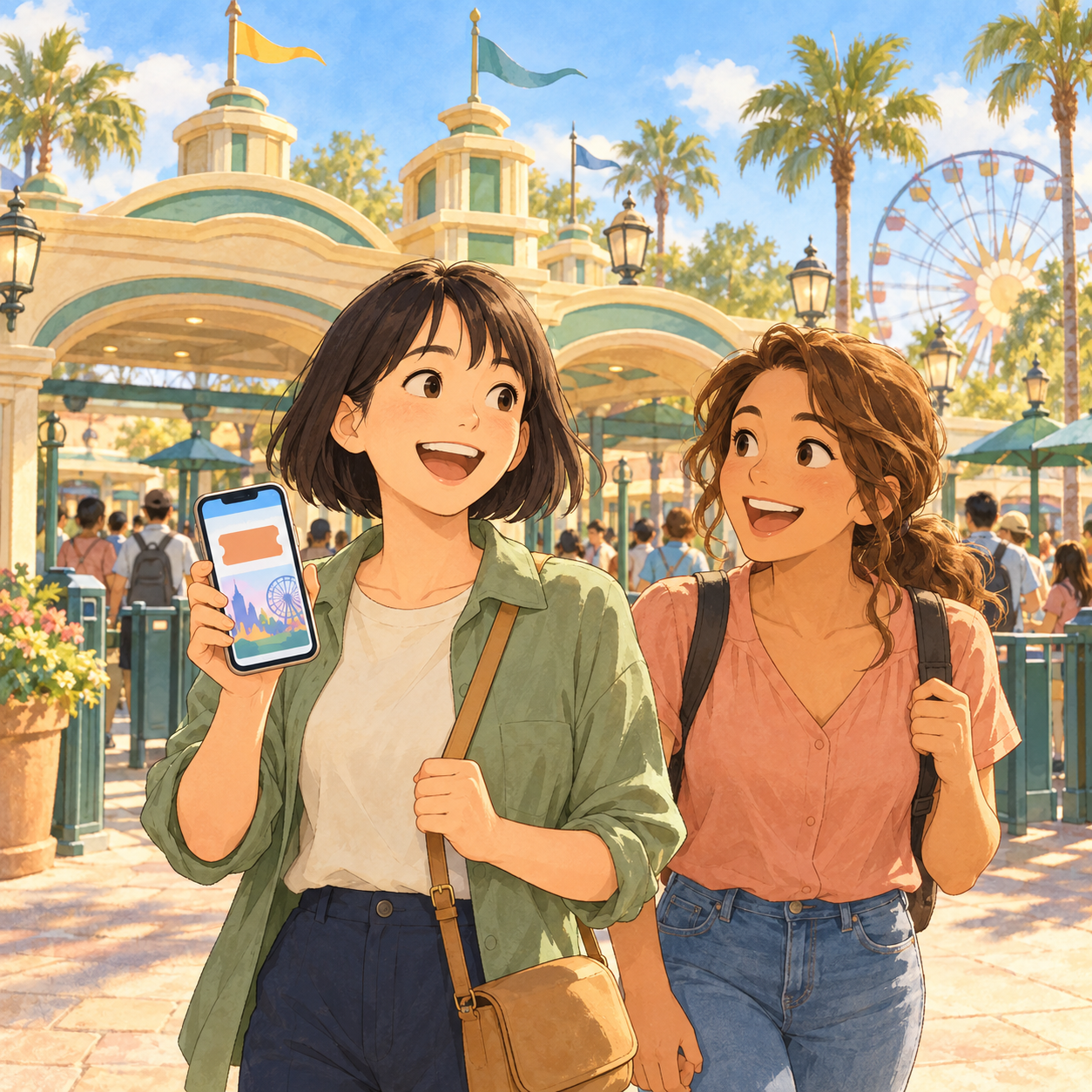 An adult visitor holds up her phone beside her friend at a sunny theme-park entrance with palm trees and a Ferris wheel.