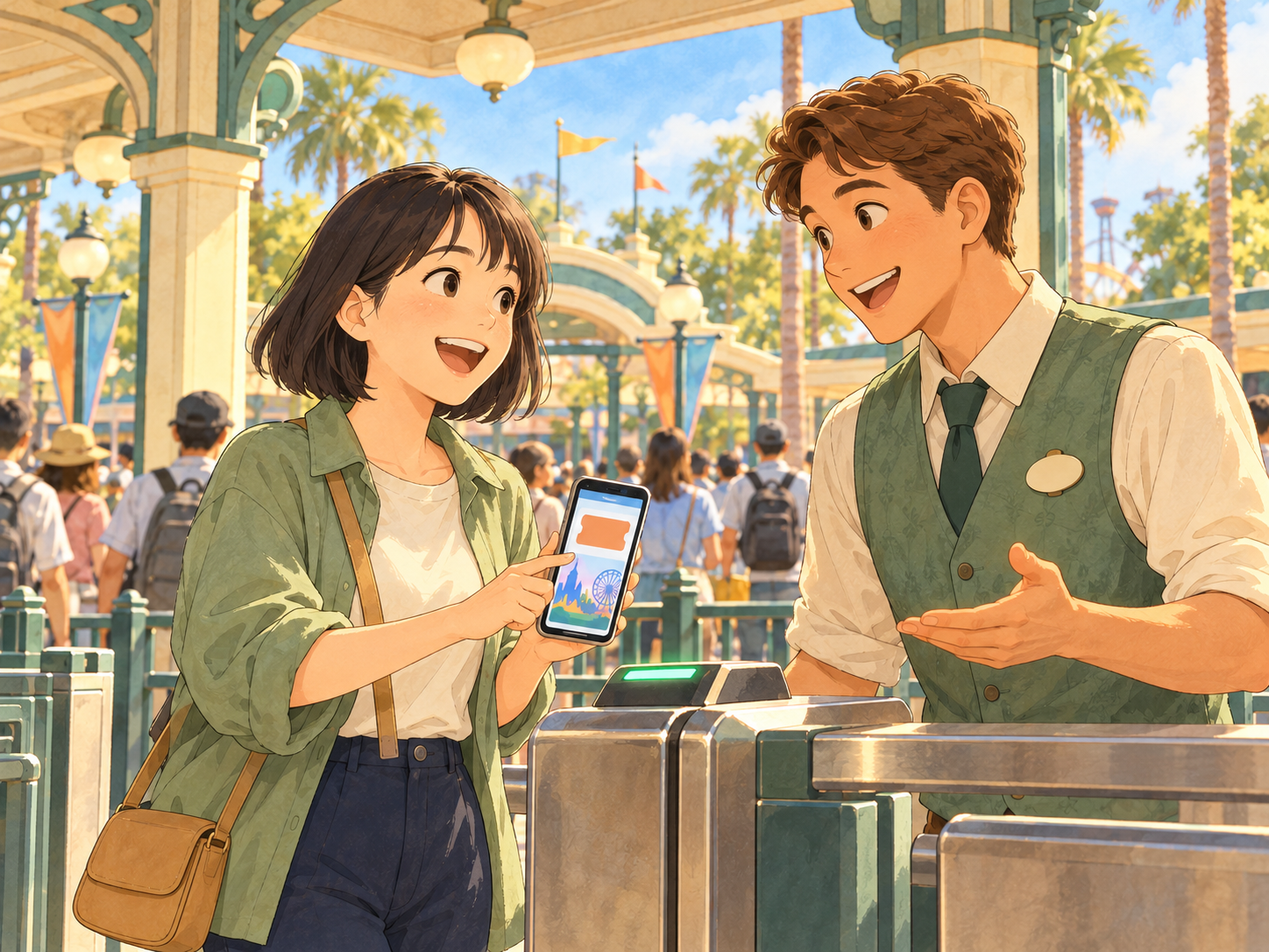 A visitor shows her phone ticket to a smiling staff member beside an entrance turnstile and ticket scanner.
