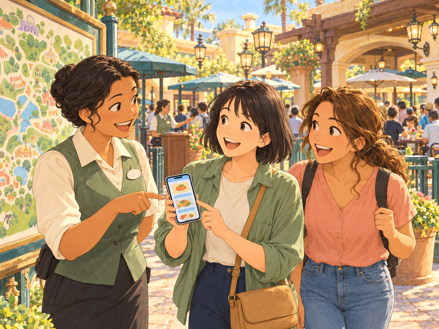 A staff member beside an illustrated park map points to food pictures on a visitor’s phone while her friend listens, with busy restaurant tables behind them.