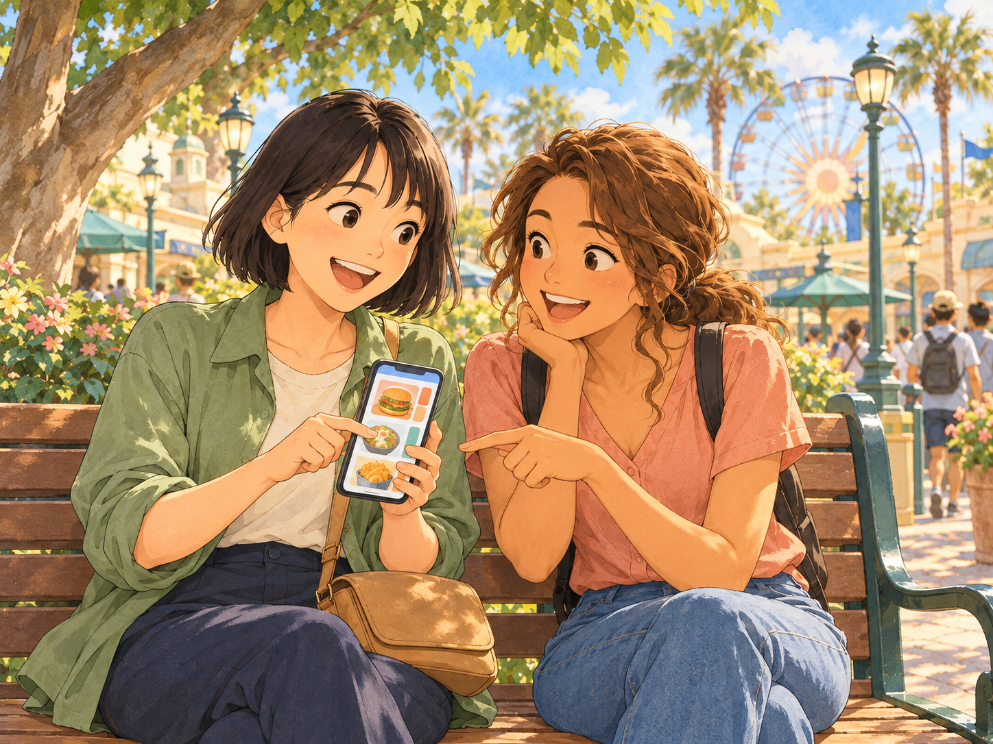Two friends sit on a shaded park bench and point to food choices on a phone, with a Ferris wheel behind them.