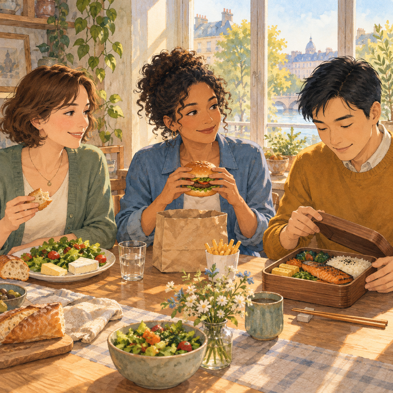 Three friends share lunch at a sunny table: bread, cheese and salad, a burger with fries, and a wooden bento with rice, fish and vegetables.