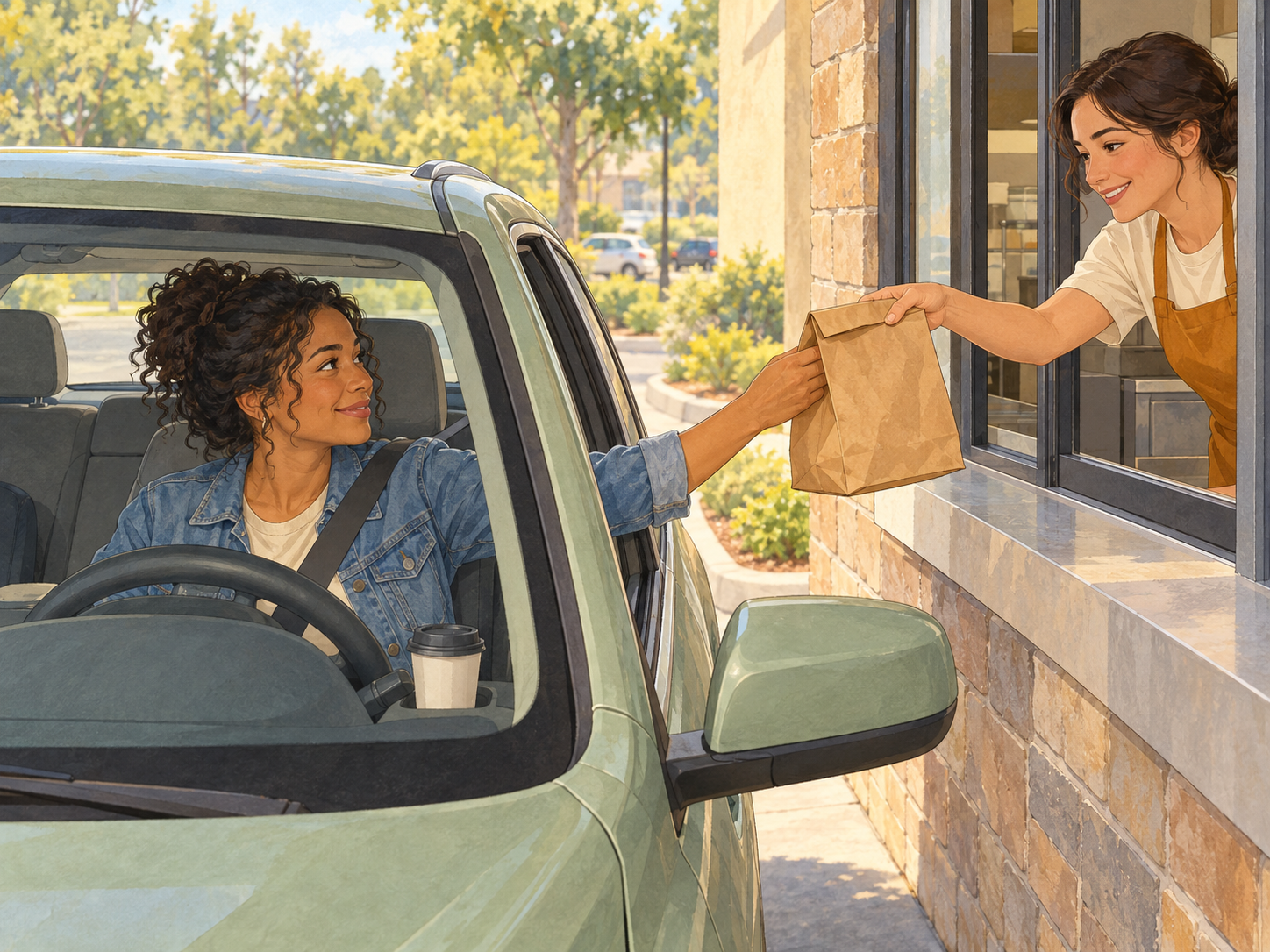 A woman stays in the driver’s seat of a stopped car while a restaurant worker hands her a plain paper bag through a drive-through window. A coffee cup sits inside the car.
