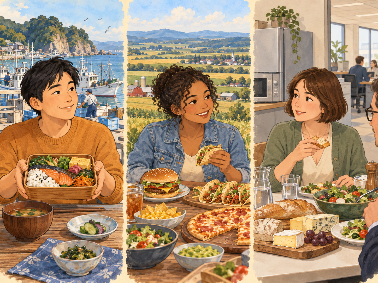 Three scenes compare meals and their surroundings: a fish bento beside a Japanese harbor, burgers, tacos and pizza before wide farmland, and bread, cheese and salad in a French workplace lunch room.