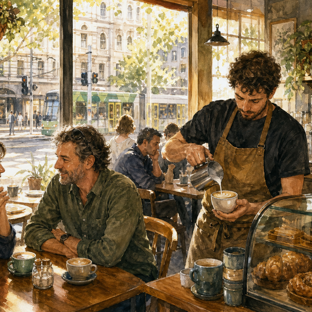 A barista in a sunlit cafe pours steamed milk into a ceramic cup while a customer sits at a wooden table; a green and yellow tram passes outside the window.