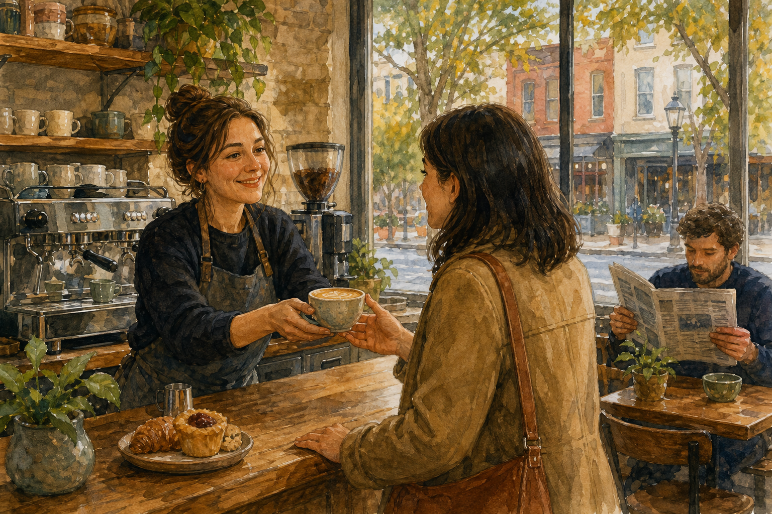 A smiling barista behind a wooden counter hands a blue ceramic coffee cup to a customer in a tan coat, with a pastry plate on the counter and a man reading a newspaper by the window.