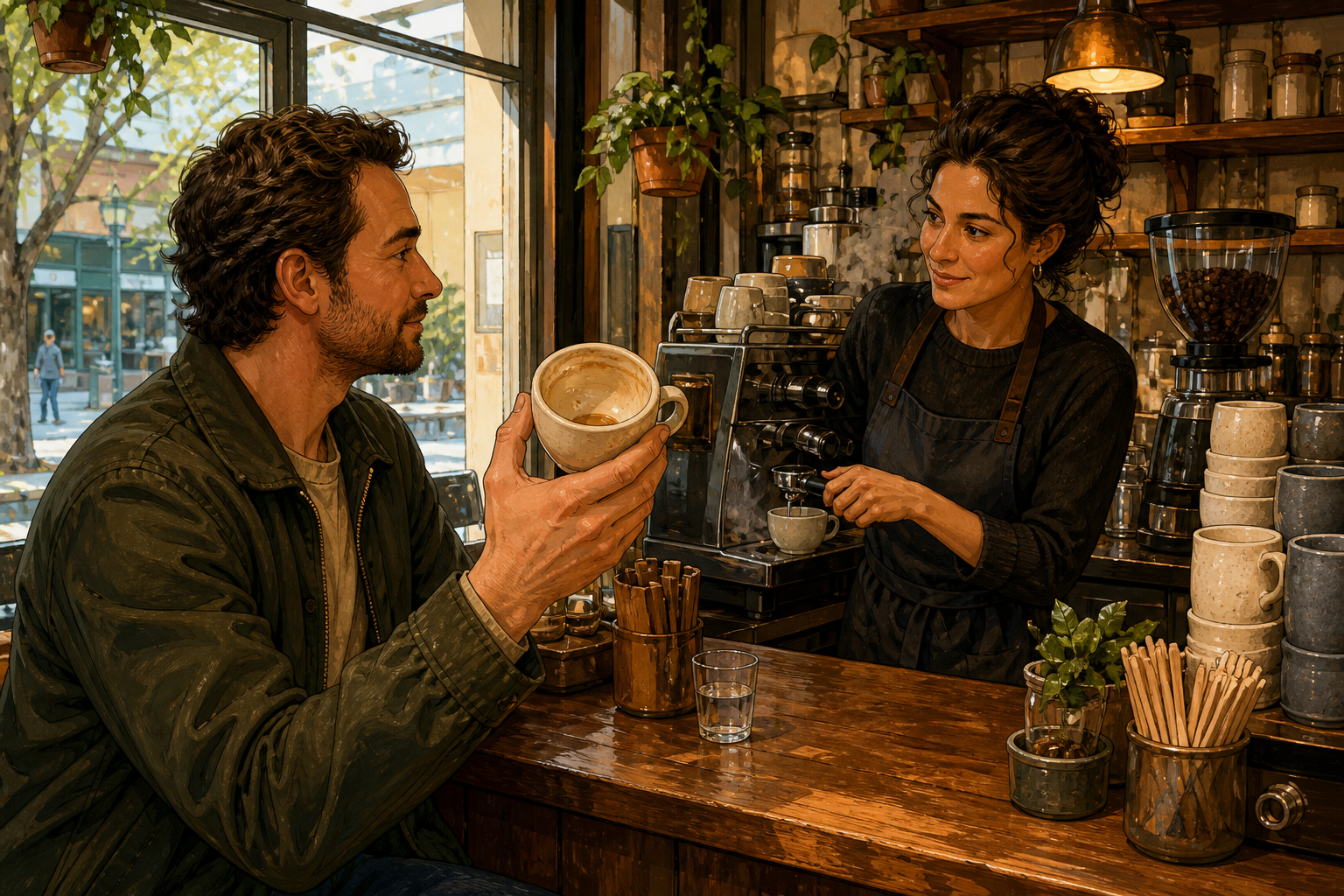 A customer at a cafe counter holds out a ceramic mug while a barista at an espresso machine remakes the coffee, with a sunlit street visible through the window.