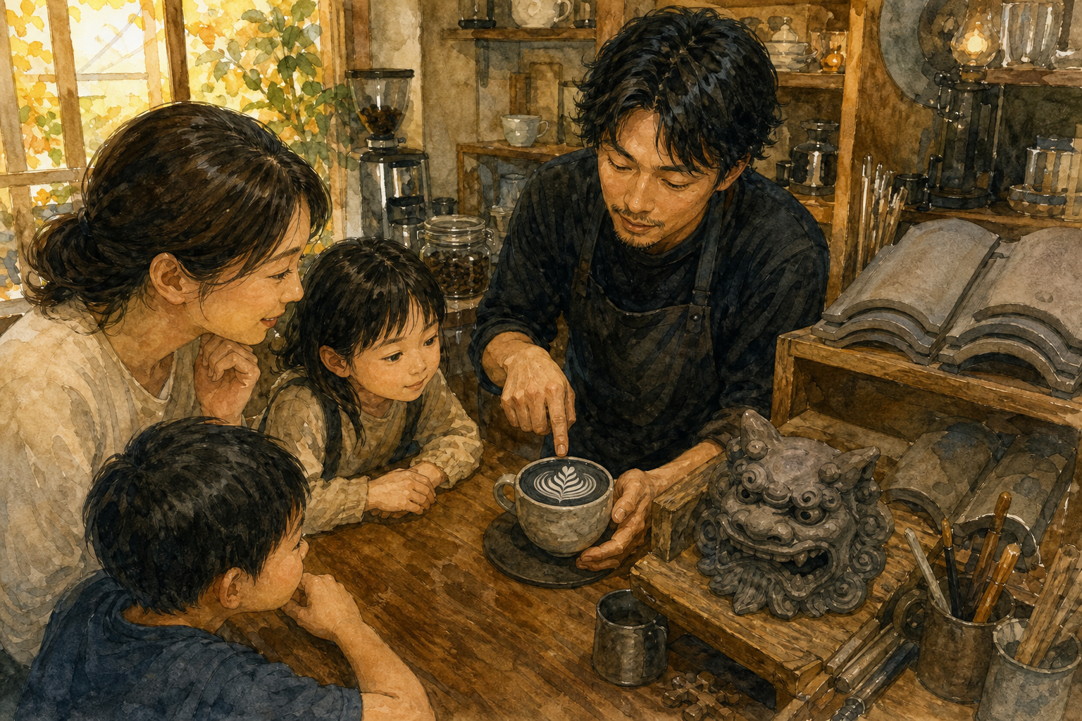 A barista in a Japanese cafe presents a dark charcoal latte with white latte art to a family at the counter, with stacked roof tiles beside them.