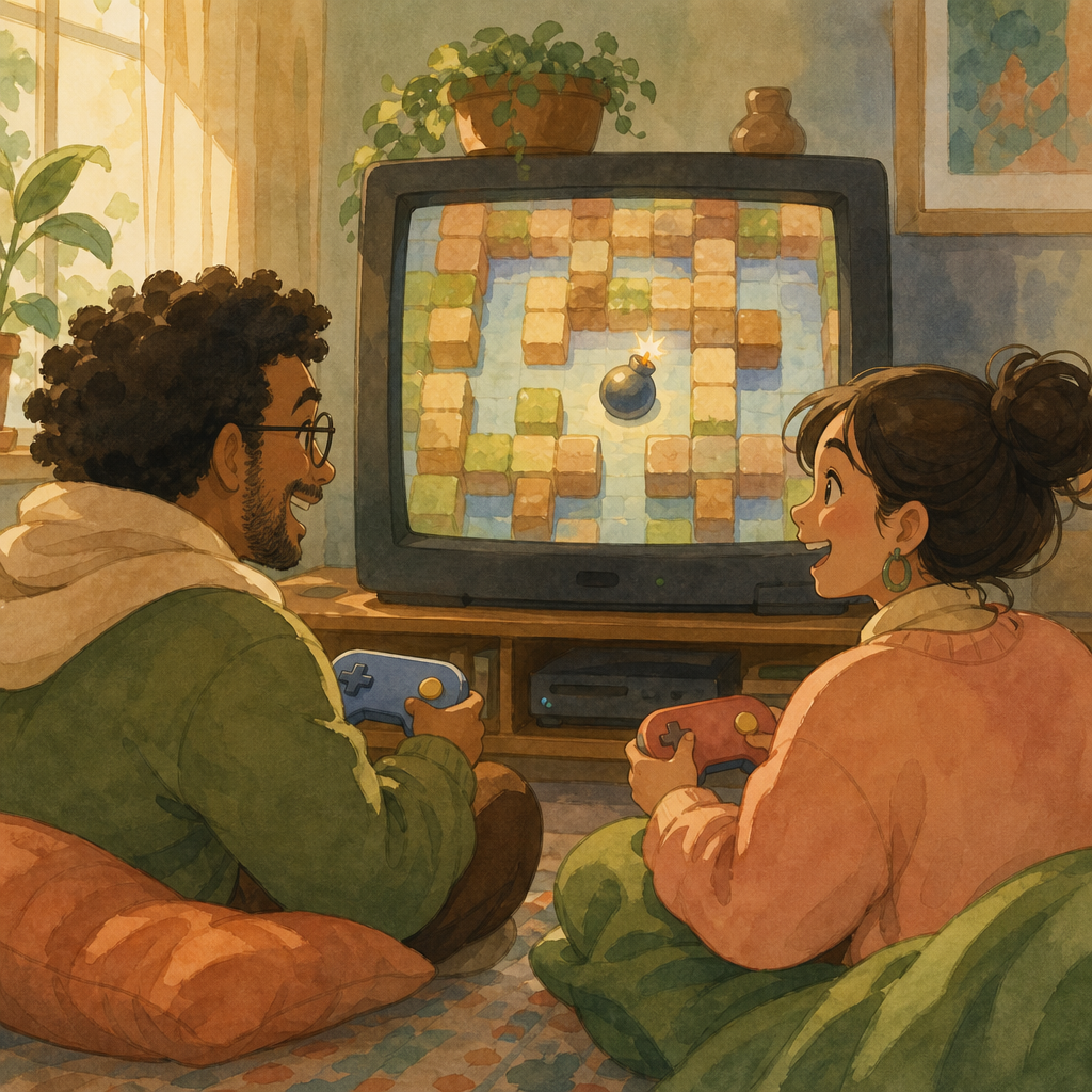 Two adult friends sit on a cozy rug with controllers, watching a warm TV that shows a soft watercolor maze of blank blocks and a round cartoon bomb glow.