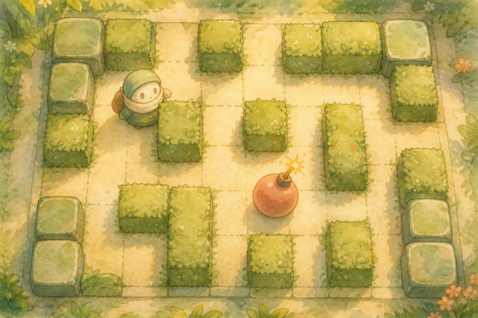 A storybook maze grid with soft breakable blocks, solid corner blocks, a round cartoon bomb, and a small original explorer watching safely from a path.