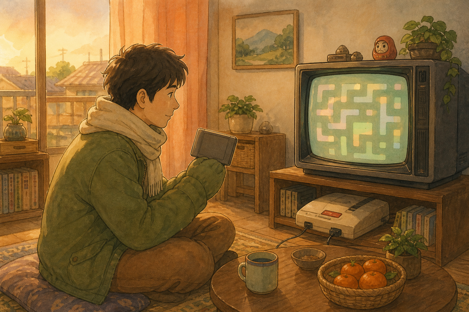 An adult in a cozy 1980s-inspired living room holds a blank cartridge toward an old console and CRT showing a simple maze glow.