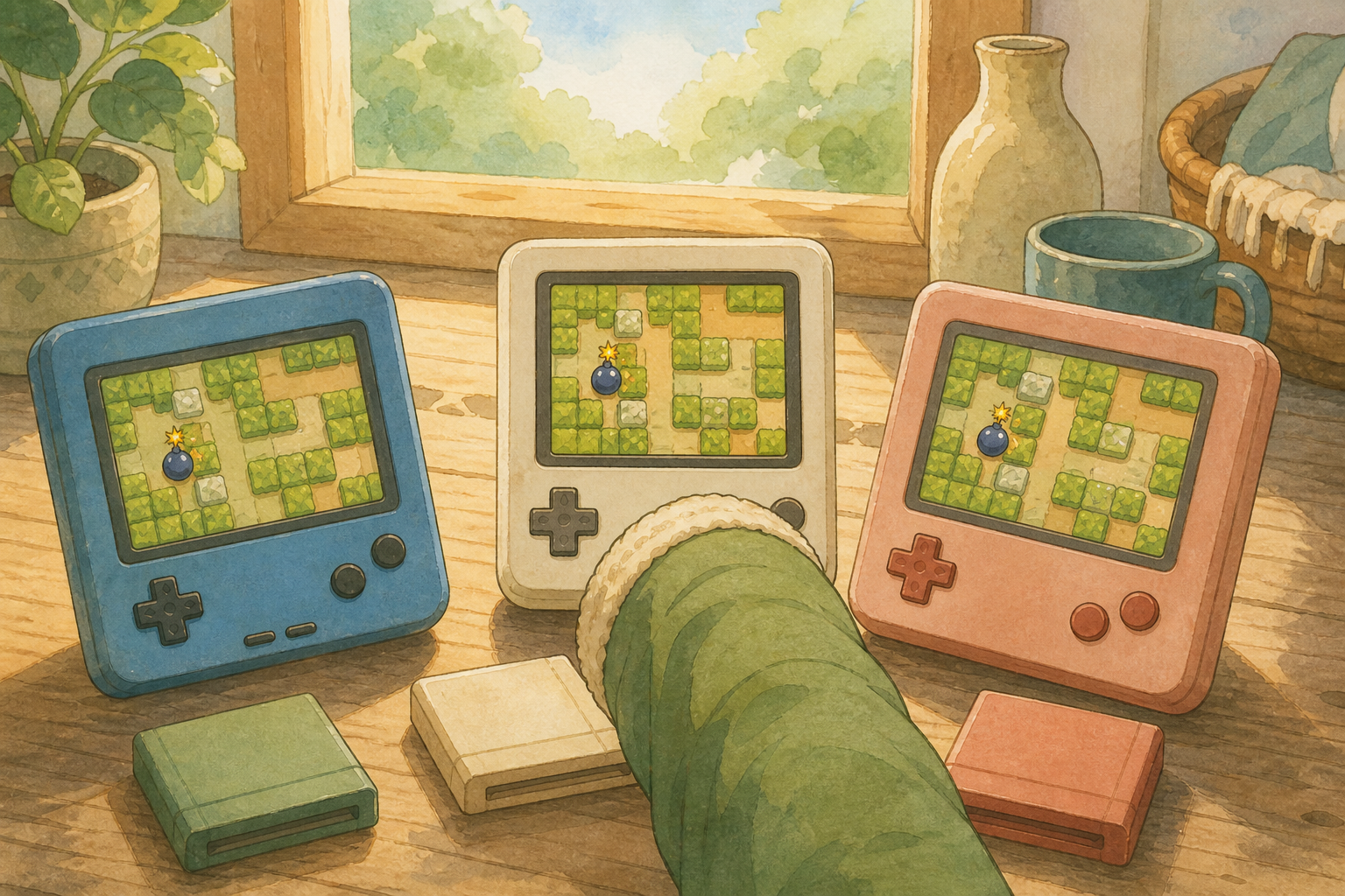 Three blank storybook game devices on a sunlit table each show the same simple maze idea with soft blocks and a round bomb spark.