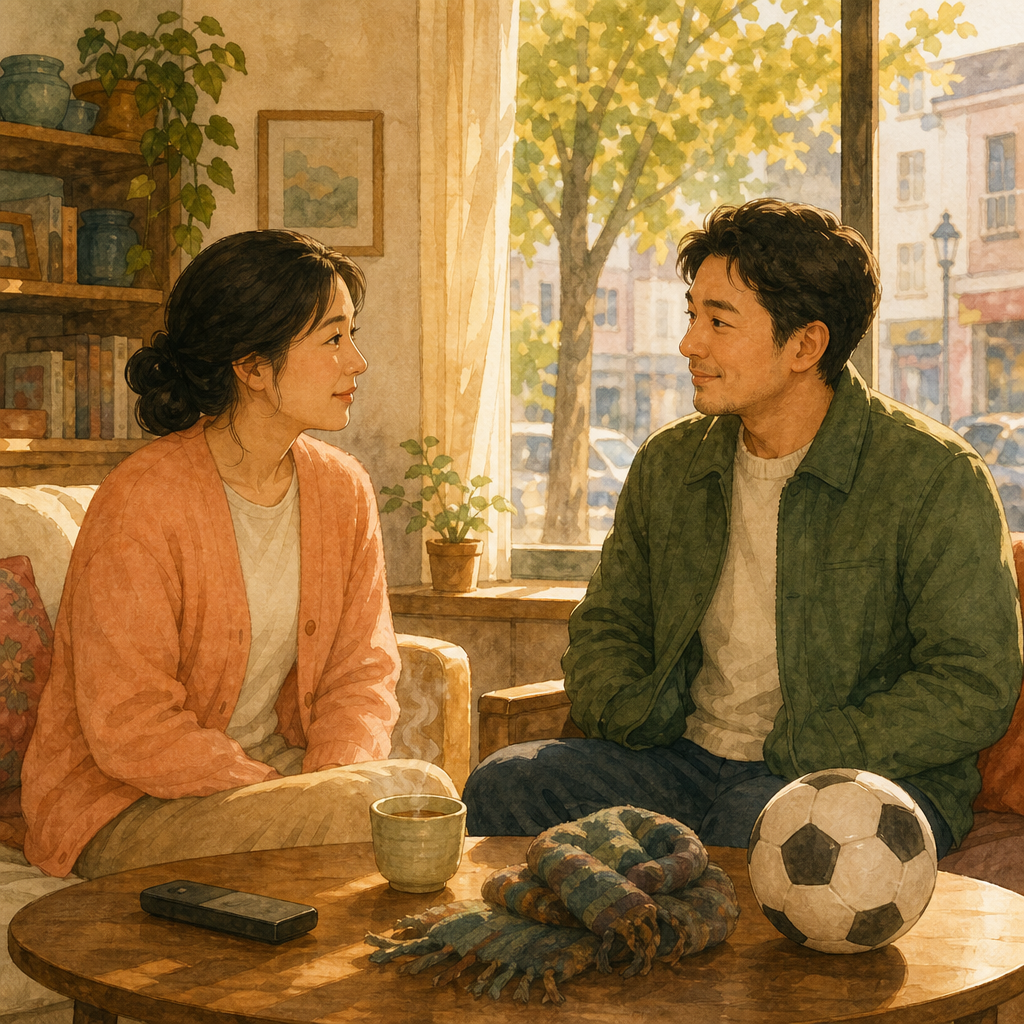 Two adults sit by a sunny window with tea, a scarf, and a football, talking calmly about hobbies.