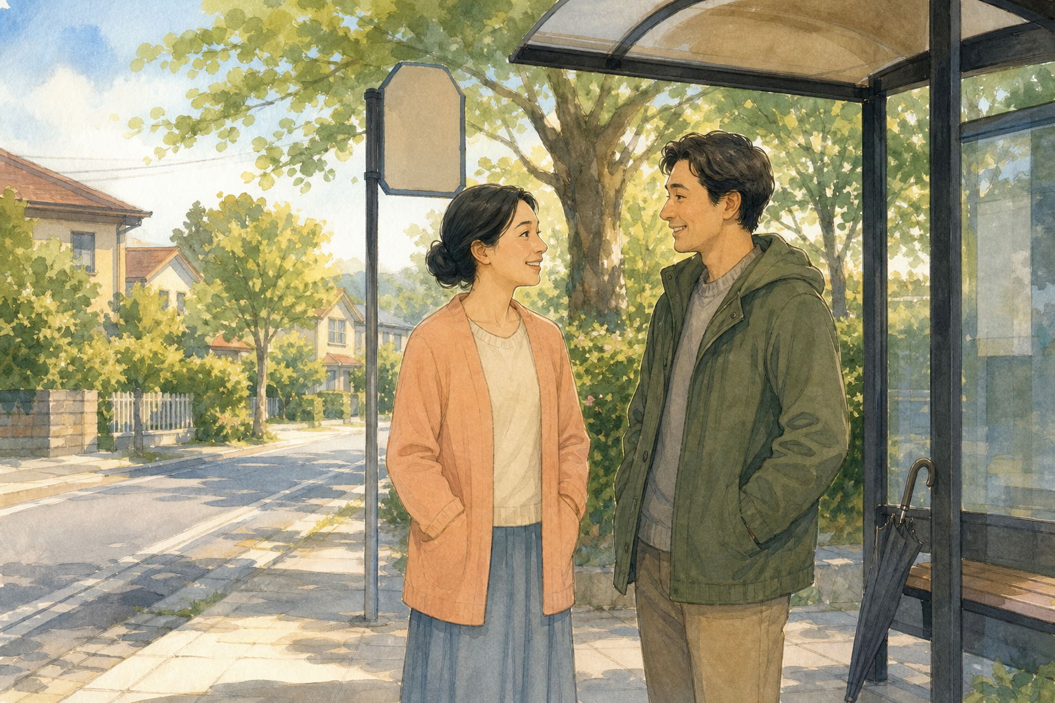 Two adults stand at a quiet bus stop with hands in pockets and share short polite small talk.