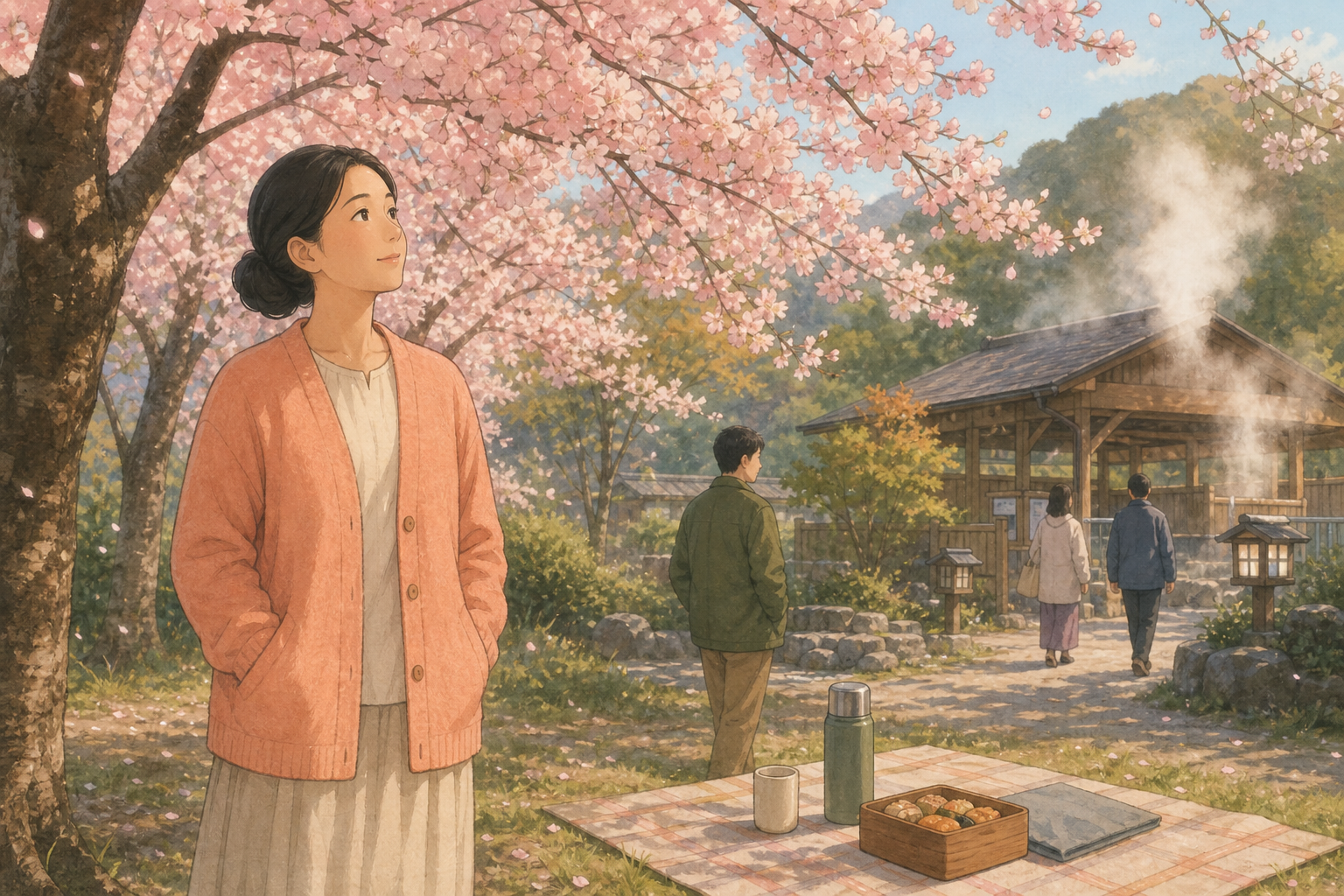 An adult stands under cherry blossoms near a picnic cloth, with soft steam rising from a wooden onsen pavilion.