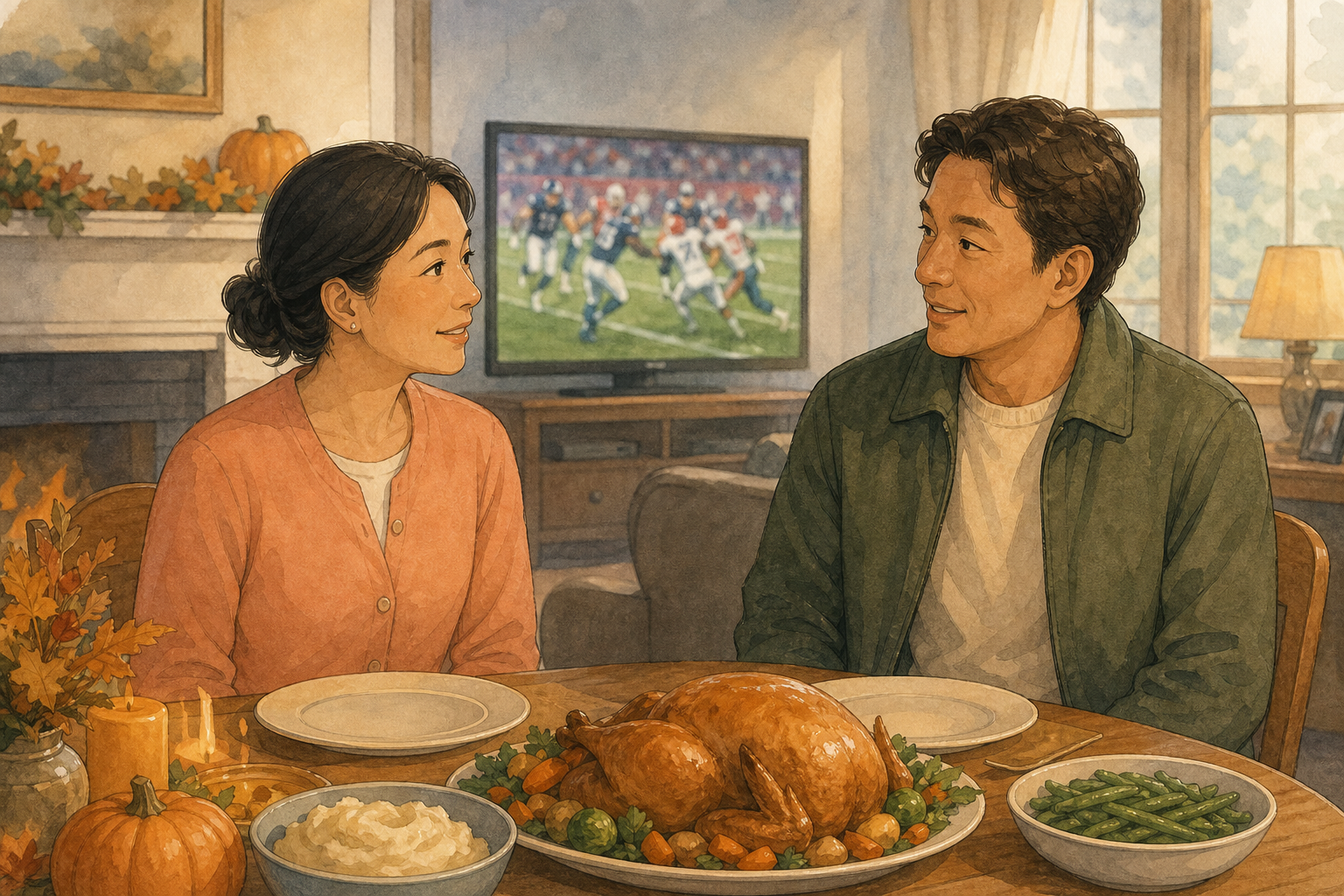 Two adults sit at a Thanksgiving table with turkey while a blurred football game plays on a TV behind them.