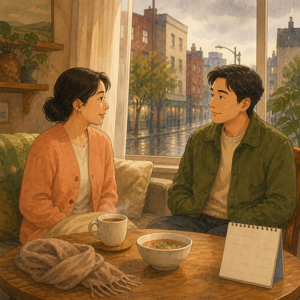 Two adults sit by a rainy window with tea and soup, talking calmly about everyday things.