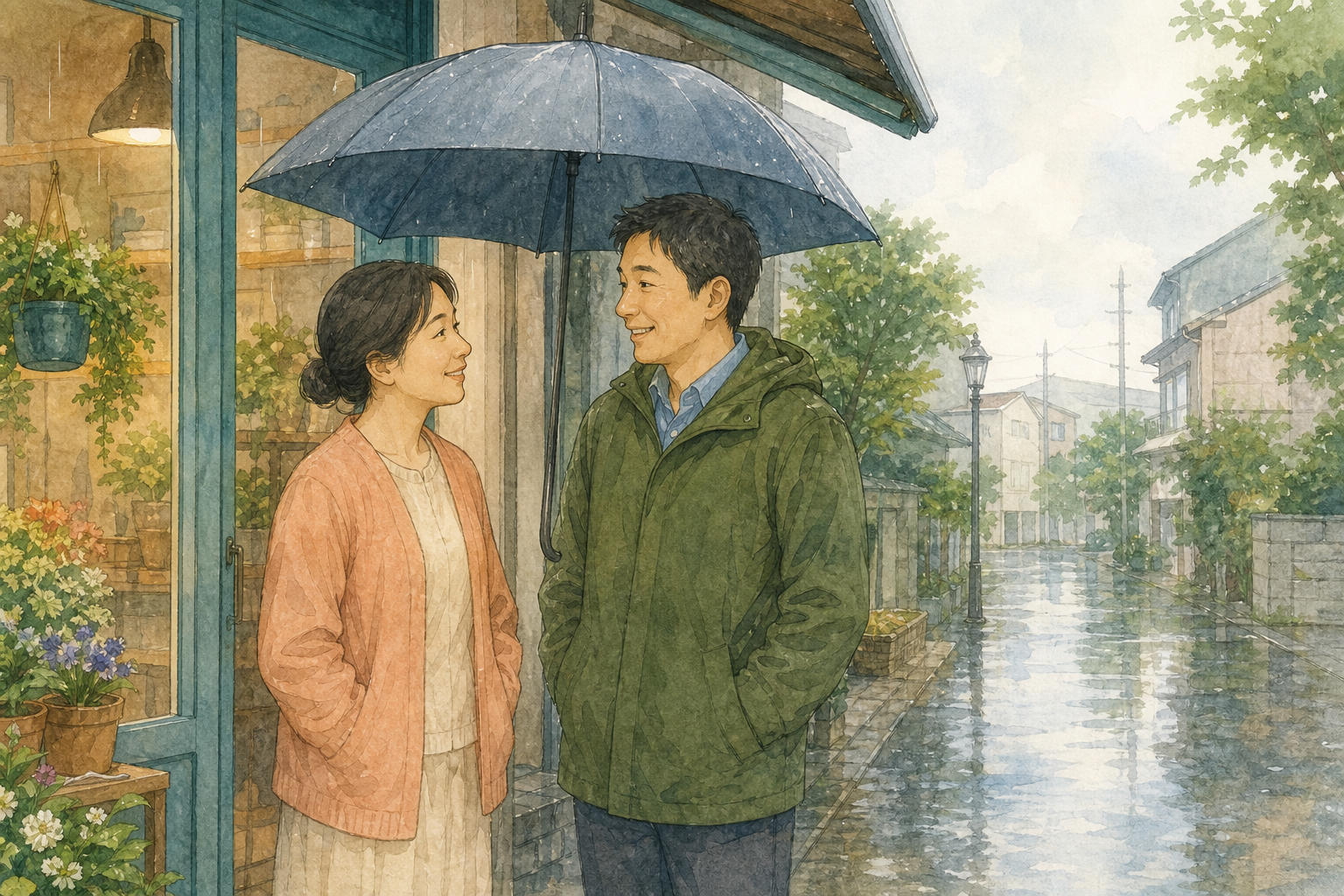 Two adults share an umbrella outside a shop in light rain and talk politely.