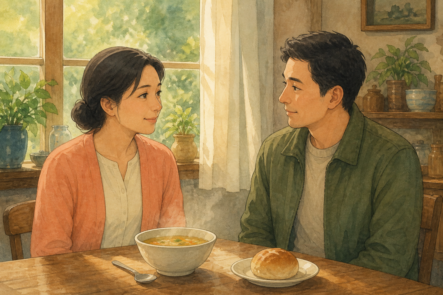 Two adults sit at a lunch table with soup and bread and talk about food.
