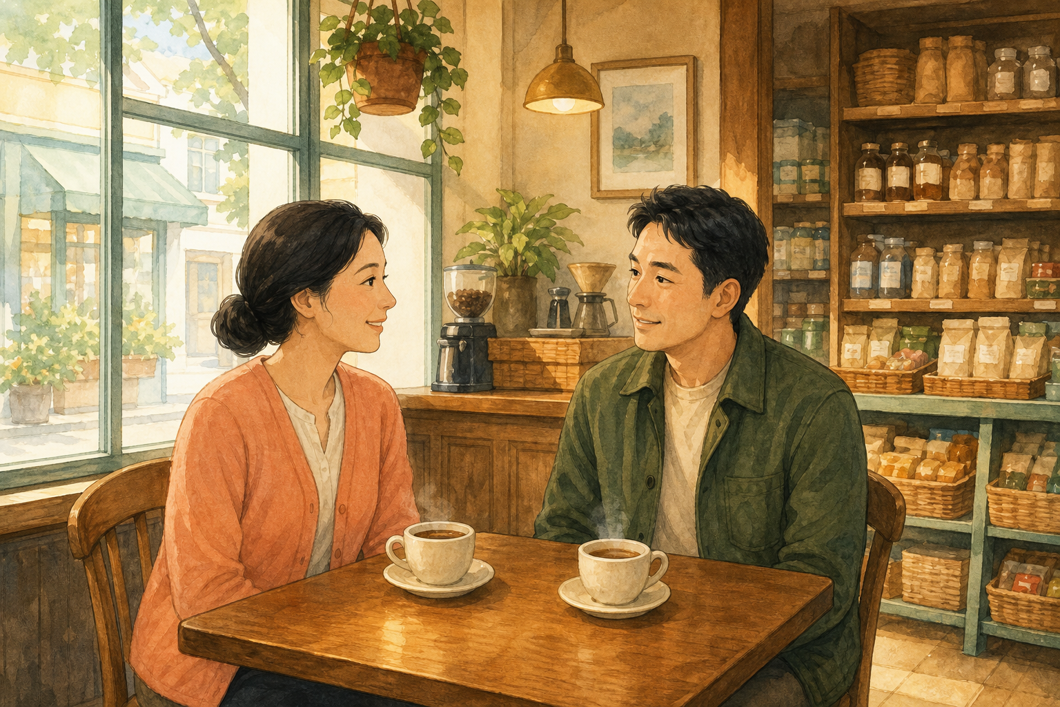 Two adults sit in a cafe with coffee cups and talk near shop shelves.
