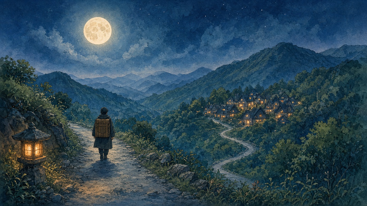 A distant teenage traveler with a wooden backpack box walks a night mountain road toward a glowing village under a full moon and a warm lantern.