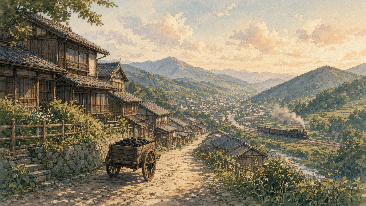 A Taisho-era mountain village street with wooden houses, a charcoal cart, and a distant steam train in golden evening light.