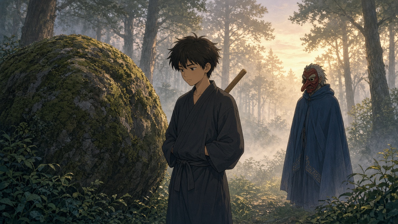 A teenage trainee in a dark kimono stands by a mossy boulder in a misty forest dawn while a cloaked mentor in a tengu mask watches from afar.