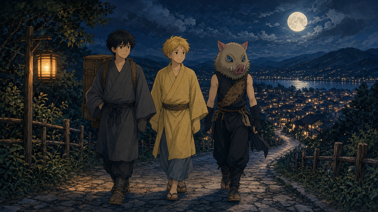 Three teenage friends on a night road toward town lights: one with a wooden backpack box, one in yellow travel clothes, and one in a boar mask.