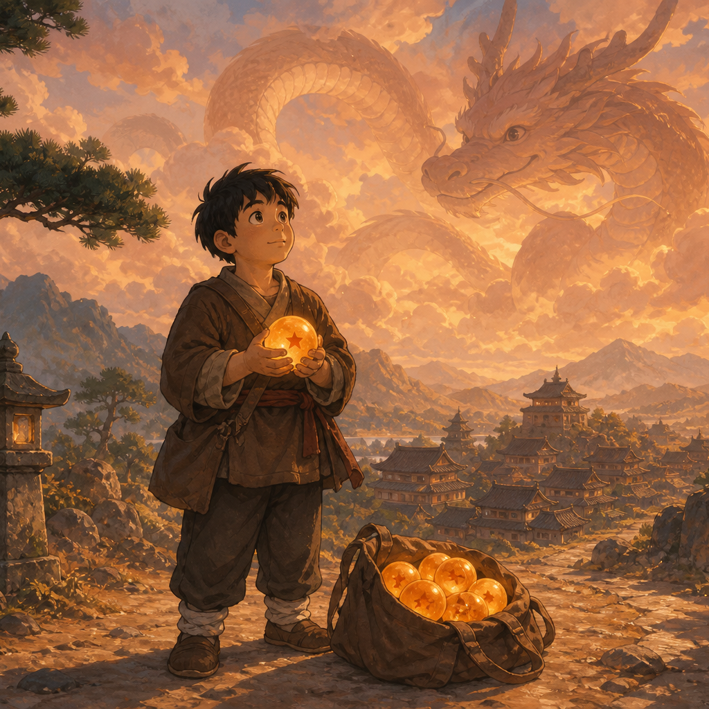A young boy in a brown martial-arts tunic holds a glowing orange star-orb on a mountain path at sunset, with a canvas bag of more orbs at his feet and a long Eastern dragon winding through golden clouds above a tiled village.