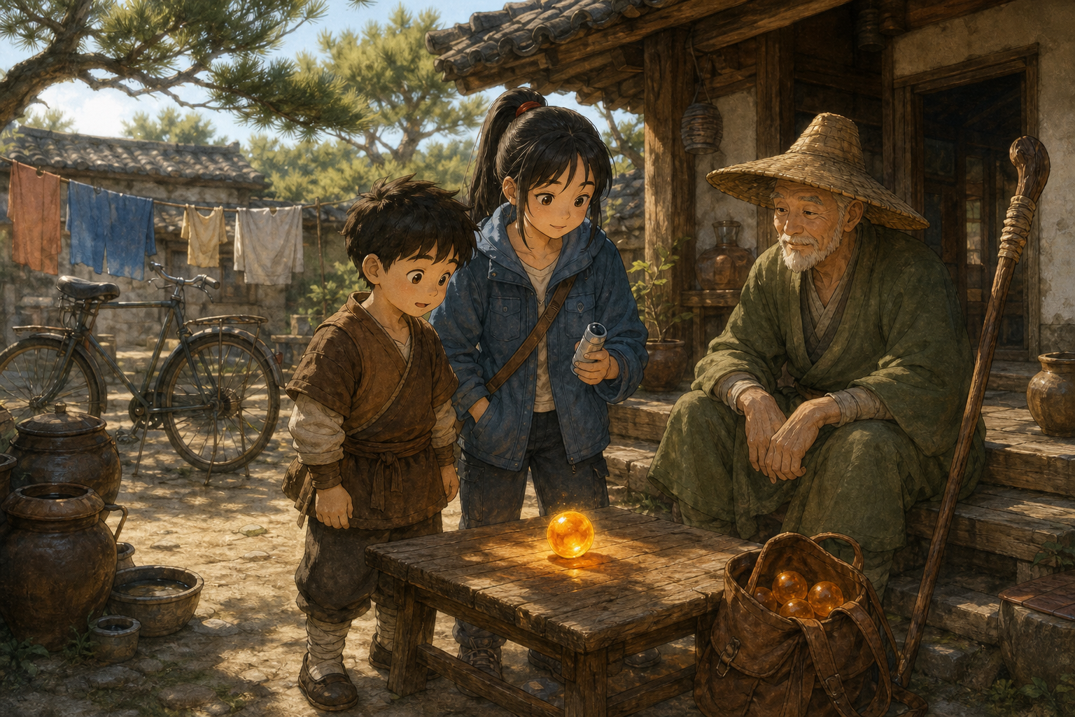 A boy in a brown tunic, a girl with a ponytail holding a small silver gadget, and an old man with a straw hat gather around a glowing orange orb on a wooden courtyard table, with laundry, a bicycle, and a bag of more orbs nearby.