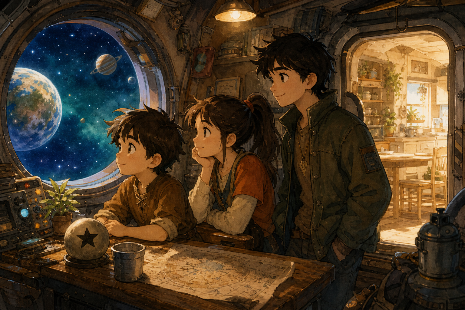A boy, a girl, and a teenage boy look out a round spaceship window at planets, with a pale orb marked by a black star sitting on a wooden desk beside a star chart.