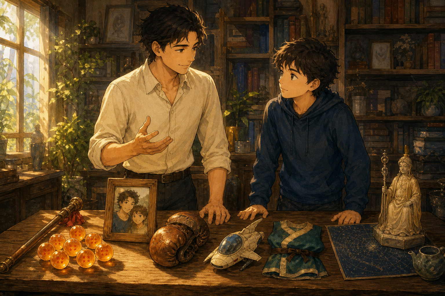A man and a boy stand at a sunlit study table covered with seven glowing orange star-orbs, a wooden staff, a folded martial-arts uniform, a small spaceship model, and a blue star map, with bookshelves and a bright window behind them.