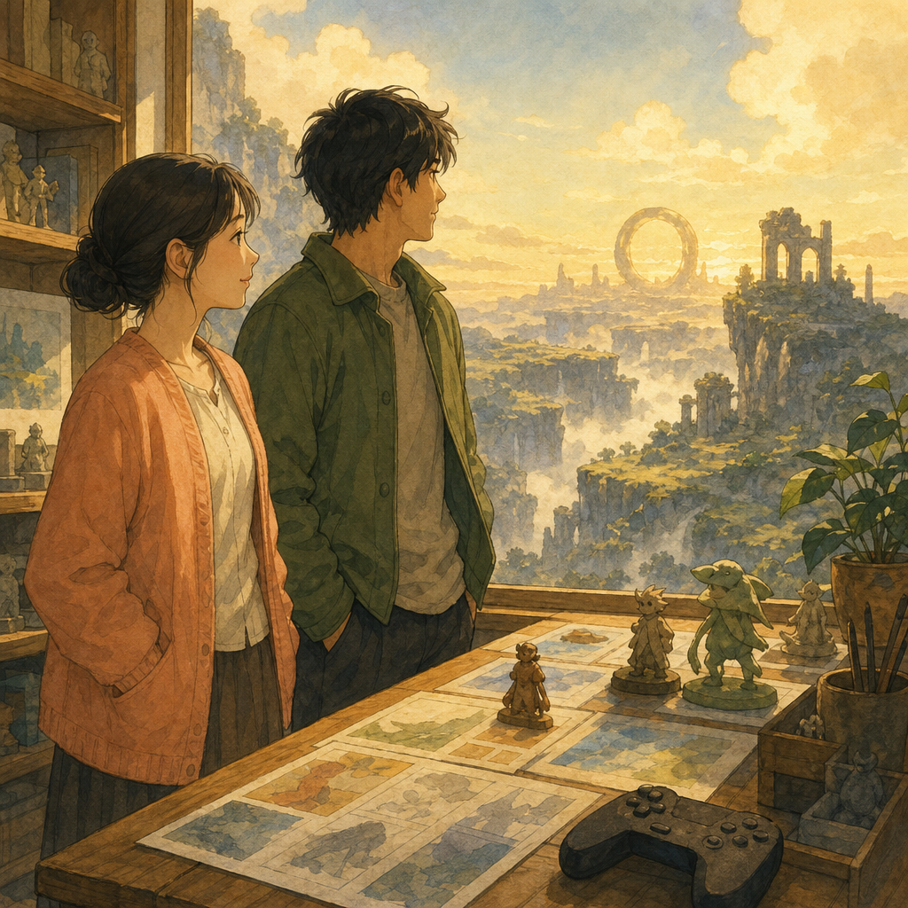 Two adults in a sunlit Tokyo game studio look out a large window toward a misty golden fantasy plateau with distant soft ruins and a glowing abstract ring-shaped motif; unmarked storyboard cards and small original clay figurines rest on the desk, hands hidden.