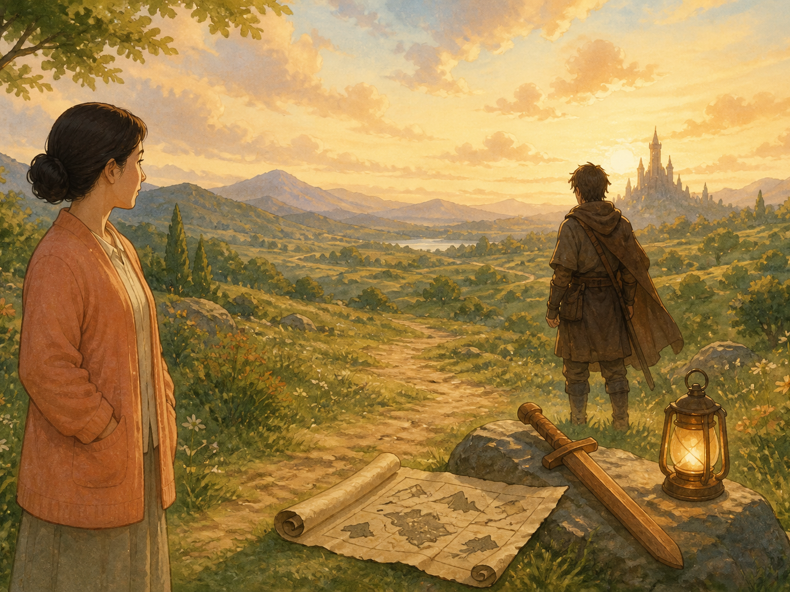 An adult woman in a peach cardigan stands at a golden-hour meadow path watching a lone original traveler toward distant towers, with an unmarked map scroll, a wooden practice sword, and a soft glowing skill ember nearby; hands in pockets.